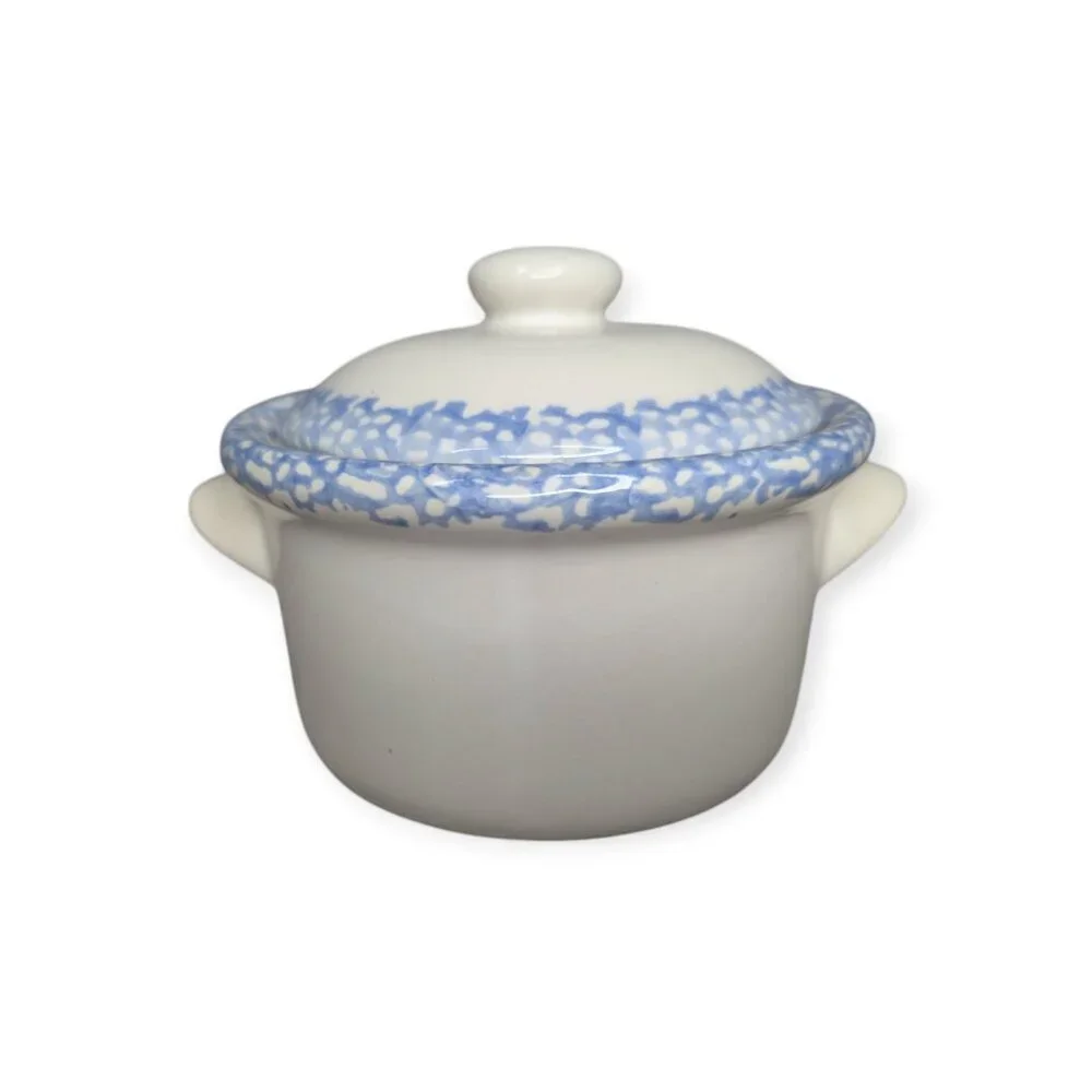 Vintage Corelle Stoneware Blue Hearts Ceramic Onion Soup Crock w/Handmade Candle